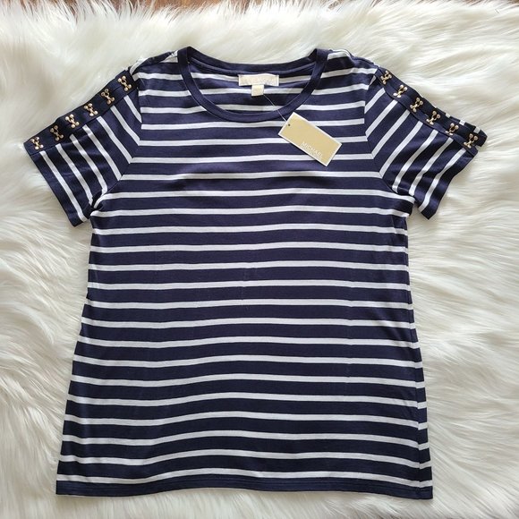 Michael Michael Kors Striped Short Sleeve Tee Top, Navy Blue & White, Gold SIZE - Picture 3 of 7